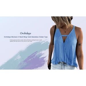 Orchidays Womens V-Neck Wrap Blue Tank Sleeveless Choker Tops Size M